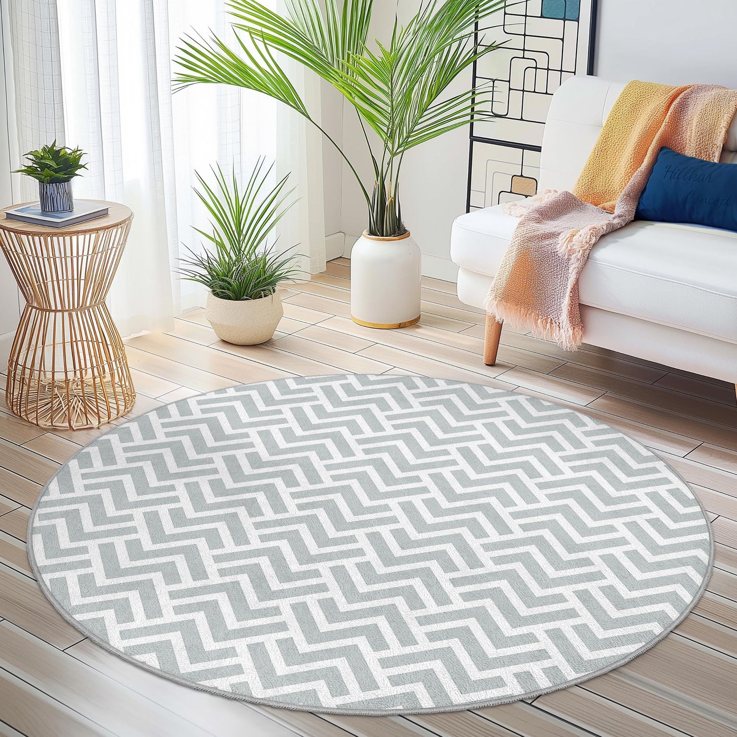 Chevron Pattern Round Area Rug, Modern Round Rug for Living Room, Stylish Round Carpet, Soft Grey Round Rug, Decorative Round Rug