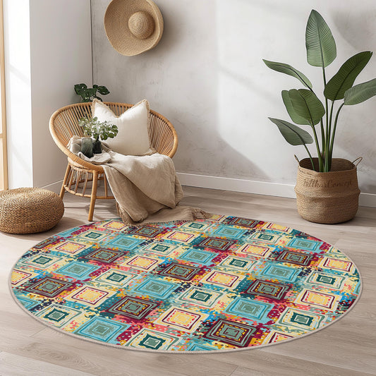 Colorful Geometric Round Area Rug, Vibrant Circular Carpet, Bohemian Decor, Soft Living Room Rug, Multi-Color Round Rug