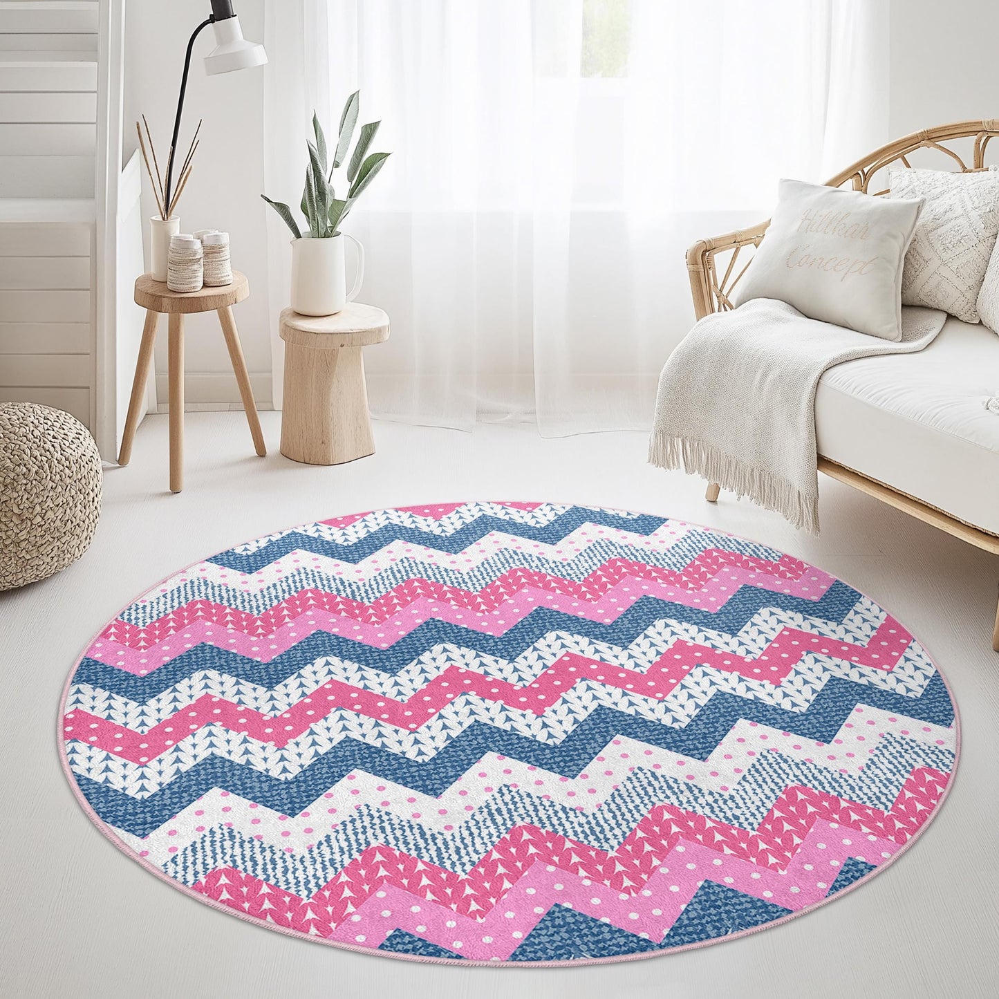 Chevron Pattern Round Area Rug, Pink and Blue Zigzag Rug, Modern Round Carpet for Living Room, Boho Chic Home Decor