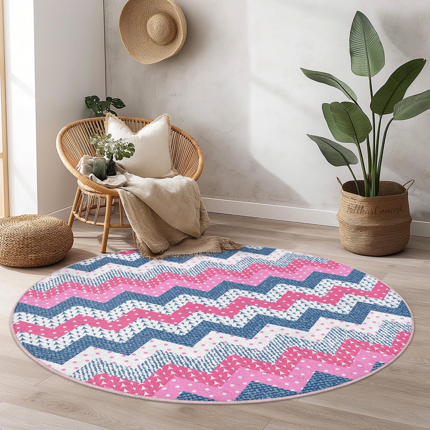 Chevron Pattern Round Area Rug, Pink and Blue Zigzag Rug, Modern Round Carpet for Living Room, Boho Chic Home Decor