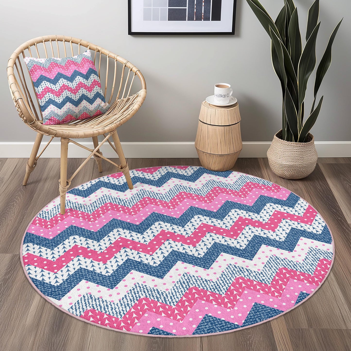 Chevron Pattern Round Area Rug, Pink and Blue Zigzag Rug, Modern Round Carpet for Living Room, Boho Chic Home Decor