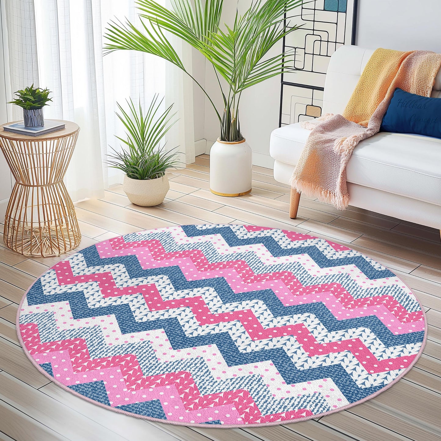 Chevron Pattern Round Area Rug, Pink and Blue Zigzag Rug, Modern Round Carpet for Living Room, Boho Chic Home Decor