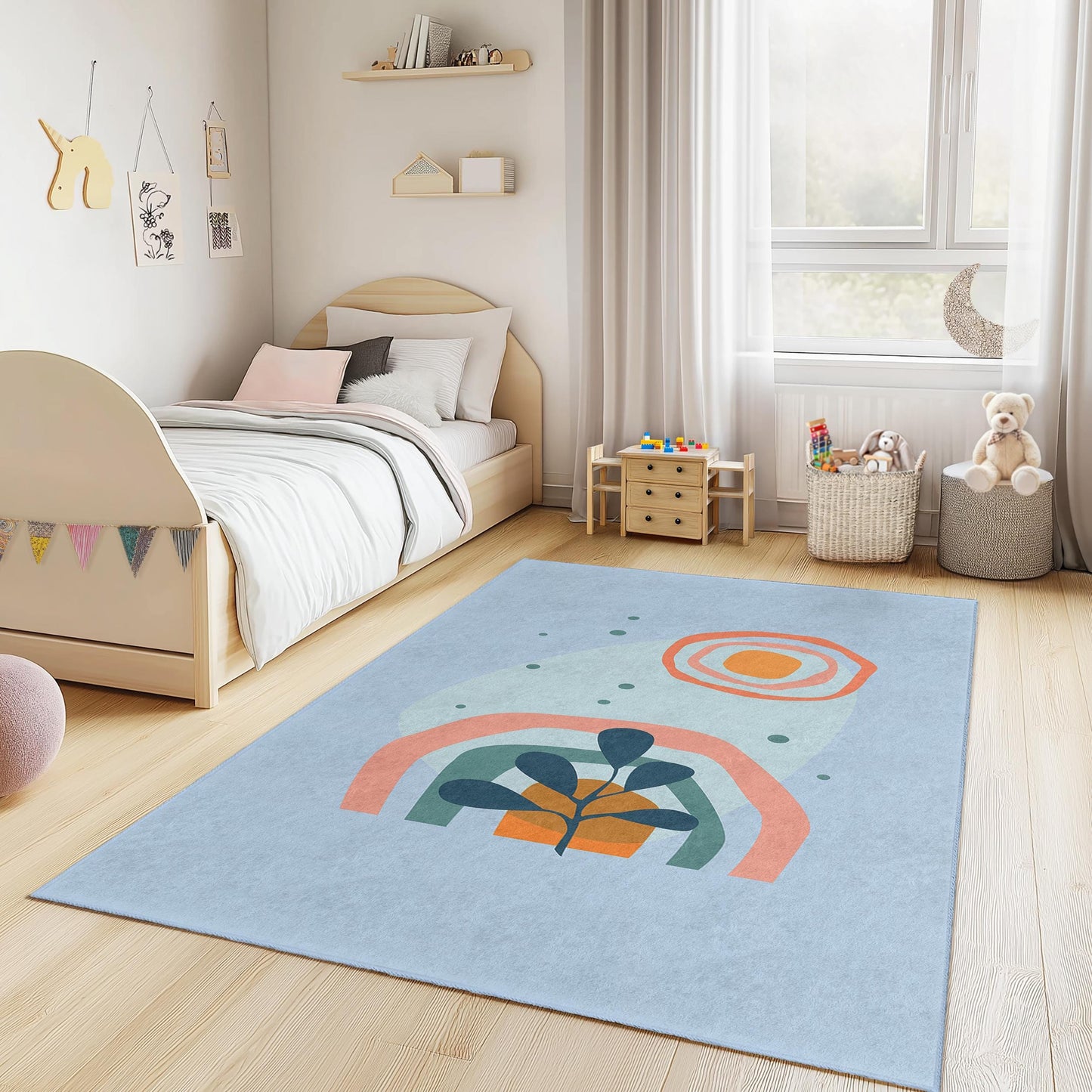 Abstract Rainbow Plant Rectangular Kids Area Rug, Colorful Nursery Carpet, Modern Kids Room Decor, Cozy Playroom Mat