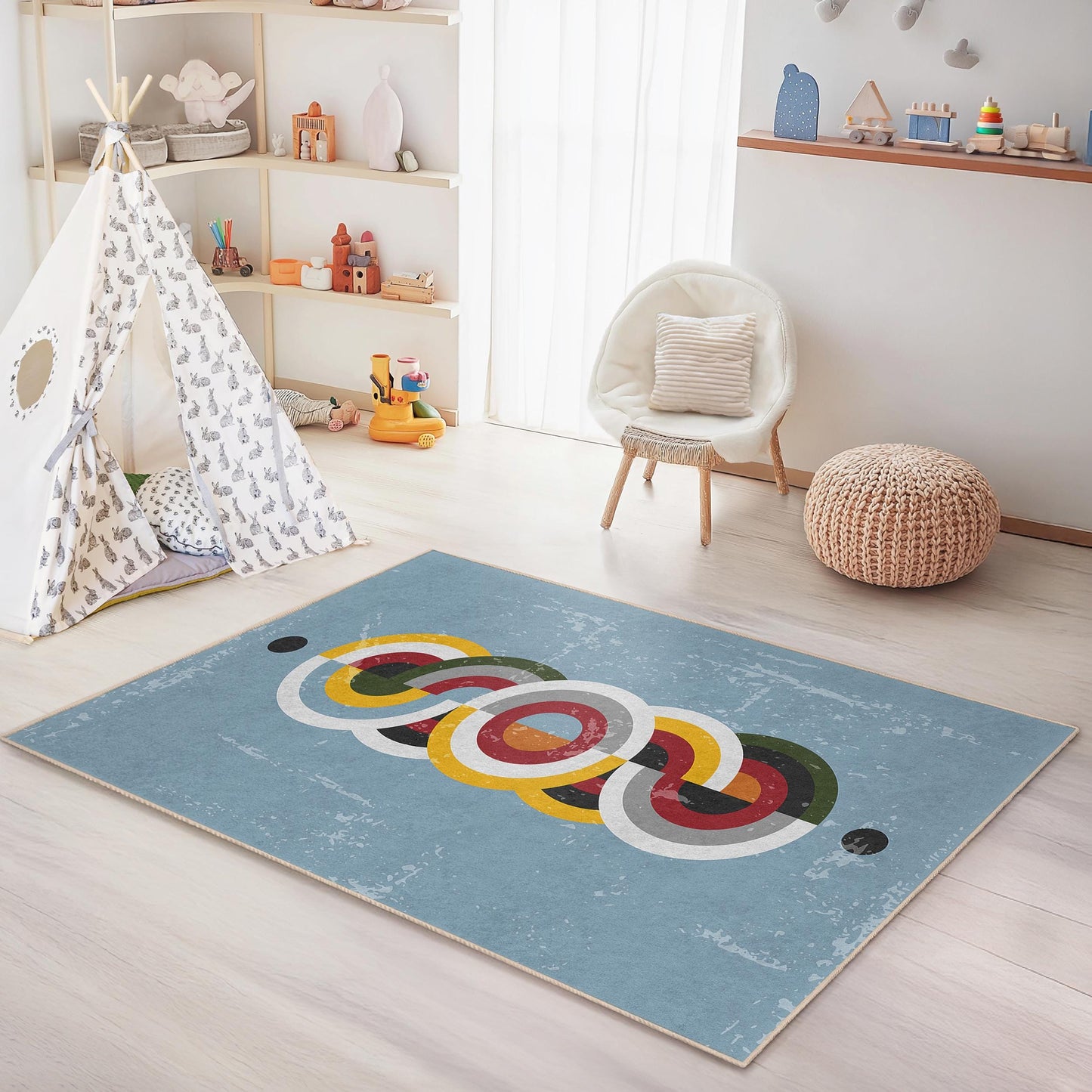 Colorful Geometric Round Pattern Area Rug, Modern Kid's Room Carpet, Rectangular Play Mat, Nursery Decor, Vibrant Children's Rug