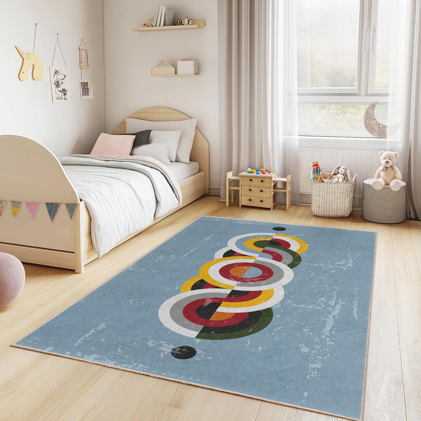 Colorful Geometric Round Pattern Area Rug, Modern Kid's Room Carpet, Rectangular Play Mat, Nursery Decor, Vibrant Children's Rug