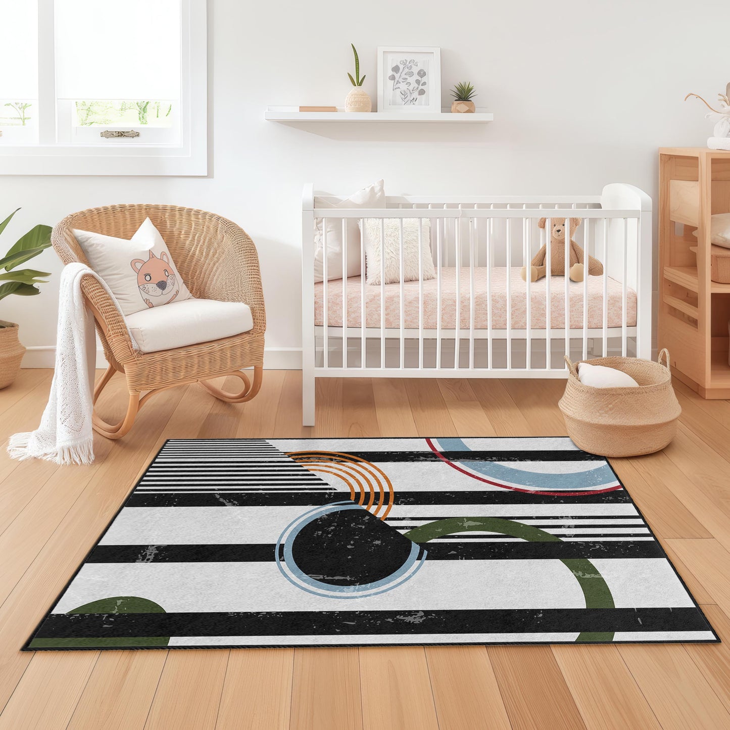 Geometric Pattern Rectangular Kids Rug, Modern Striped Area Rug, Colorful Playroom Carpet, Unique Nursery Decor