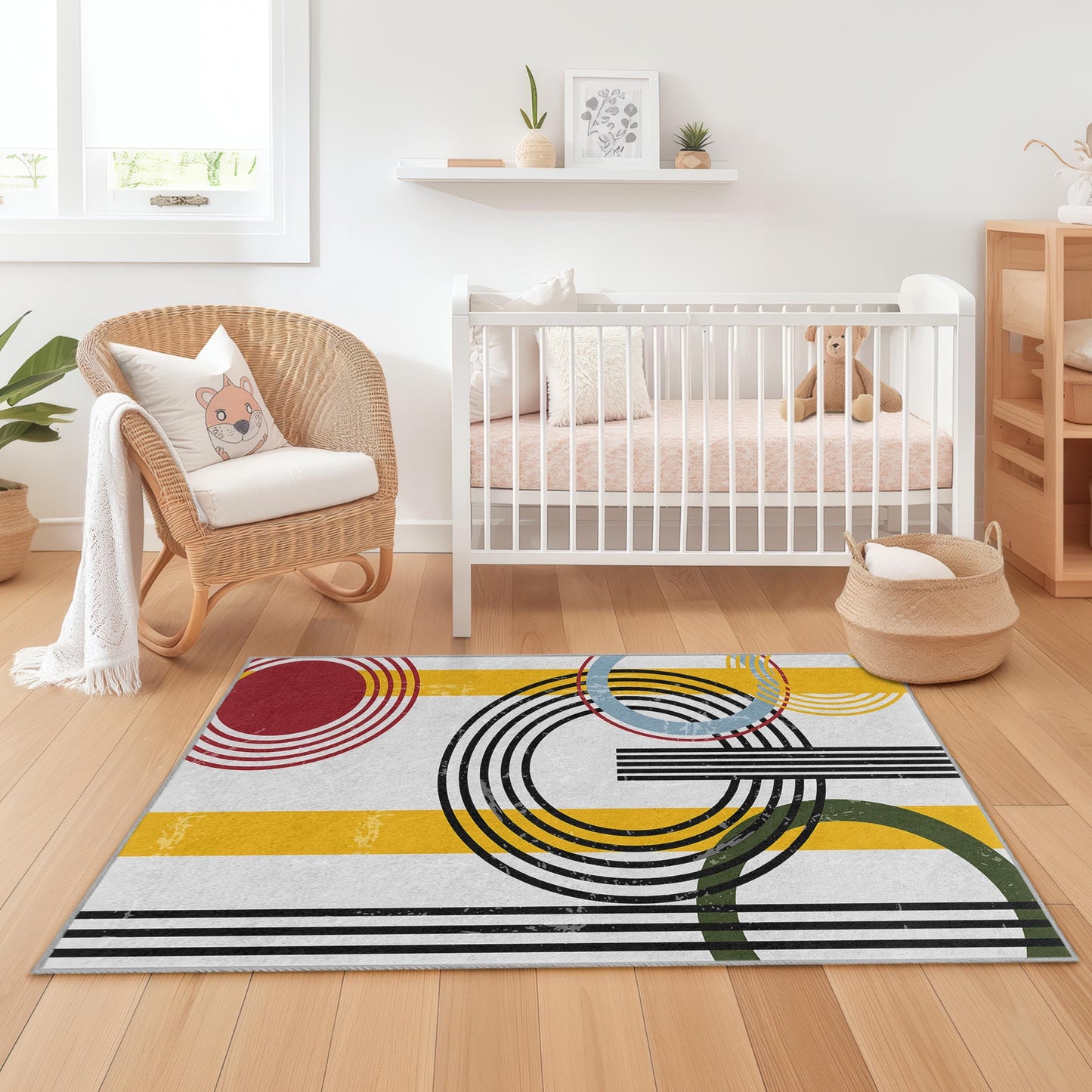 Geometric Circle Design Kids Rug, Colorful Rectangular Play Mat, Modern Nursery Decor, Playroom Carpet, Child's Room Rug