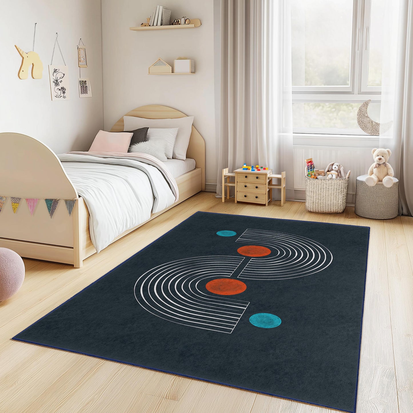 Geometric Lines Rectangular Kids Rug, Modern Design Playroom Carpet, Stylish Nursery Decor, Colorful Patterned Area Rug