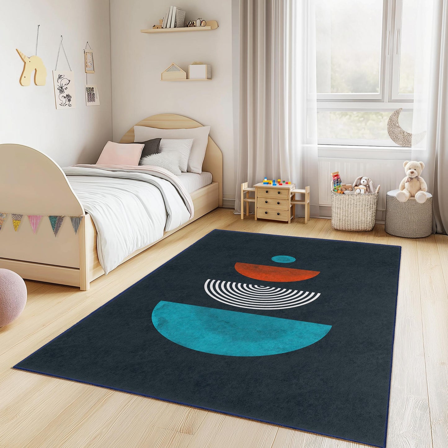 Geometric Pattern Kids Rectangle Rug, Colorful Shapes Area Rug, Modern Nursery Carpet, Playroom Decor, Unique Childrens Rug
