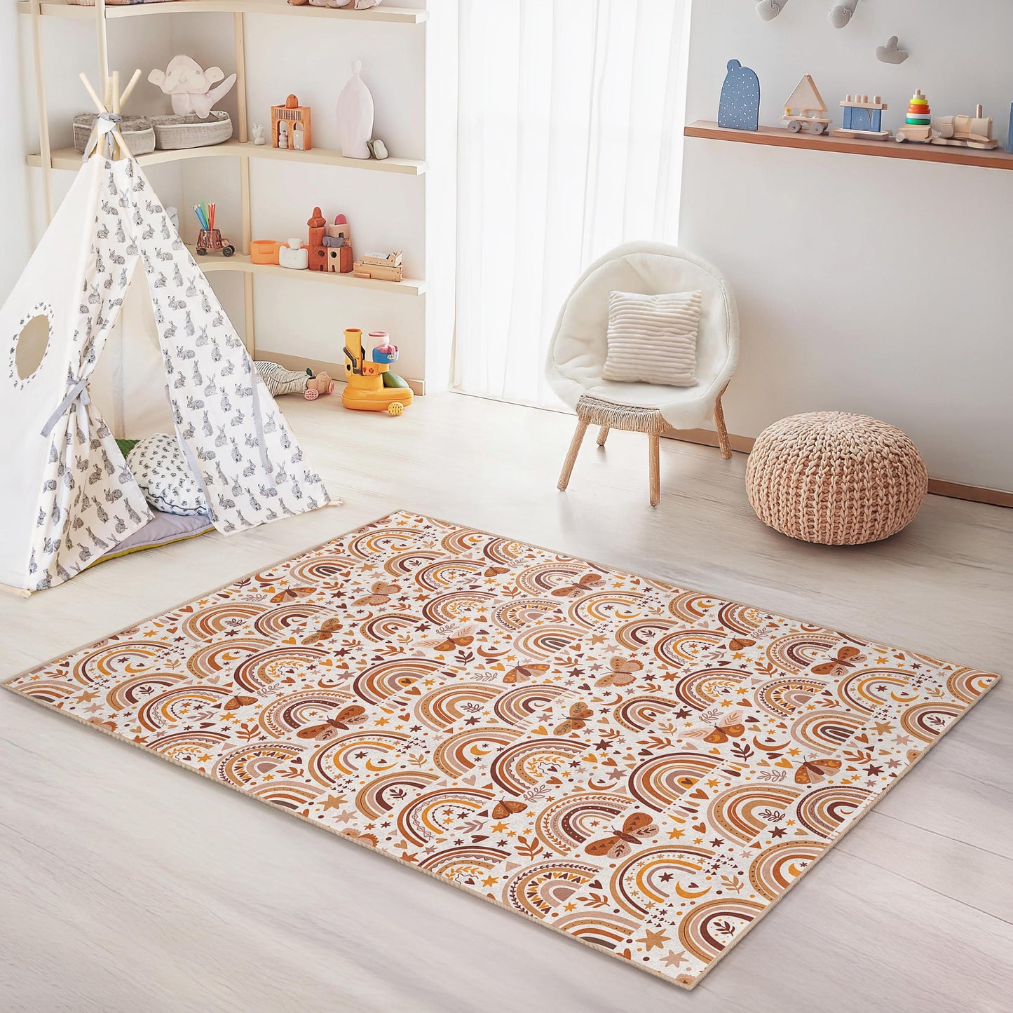 Rainbow and Butterfly Kids Area Rug, Rectangular Playroom Carpet, Colorful Nursery Decor, Soft Fabric Kids Rug, Autumn Theme Design