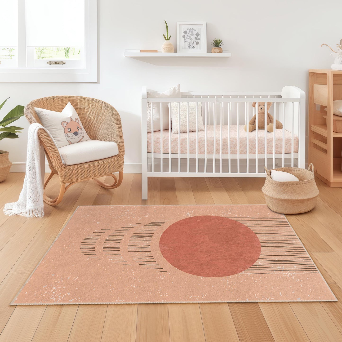 Abstract Circle Pattern Rectangular Kids Rug, Modern Nursery Carpet, Stylish Playroom Decor, Soft Childrens Rug, Geometric Design Rug