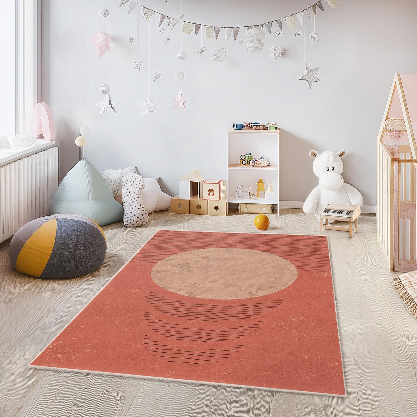 Abstract Circle Design Area Rug, Modern Rectangular Kids Room Carpet, Boho Style Nursery Decor, Soft and Cozy Play Mat