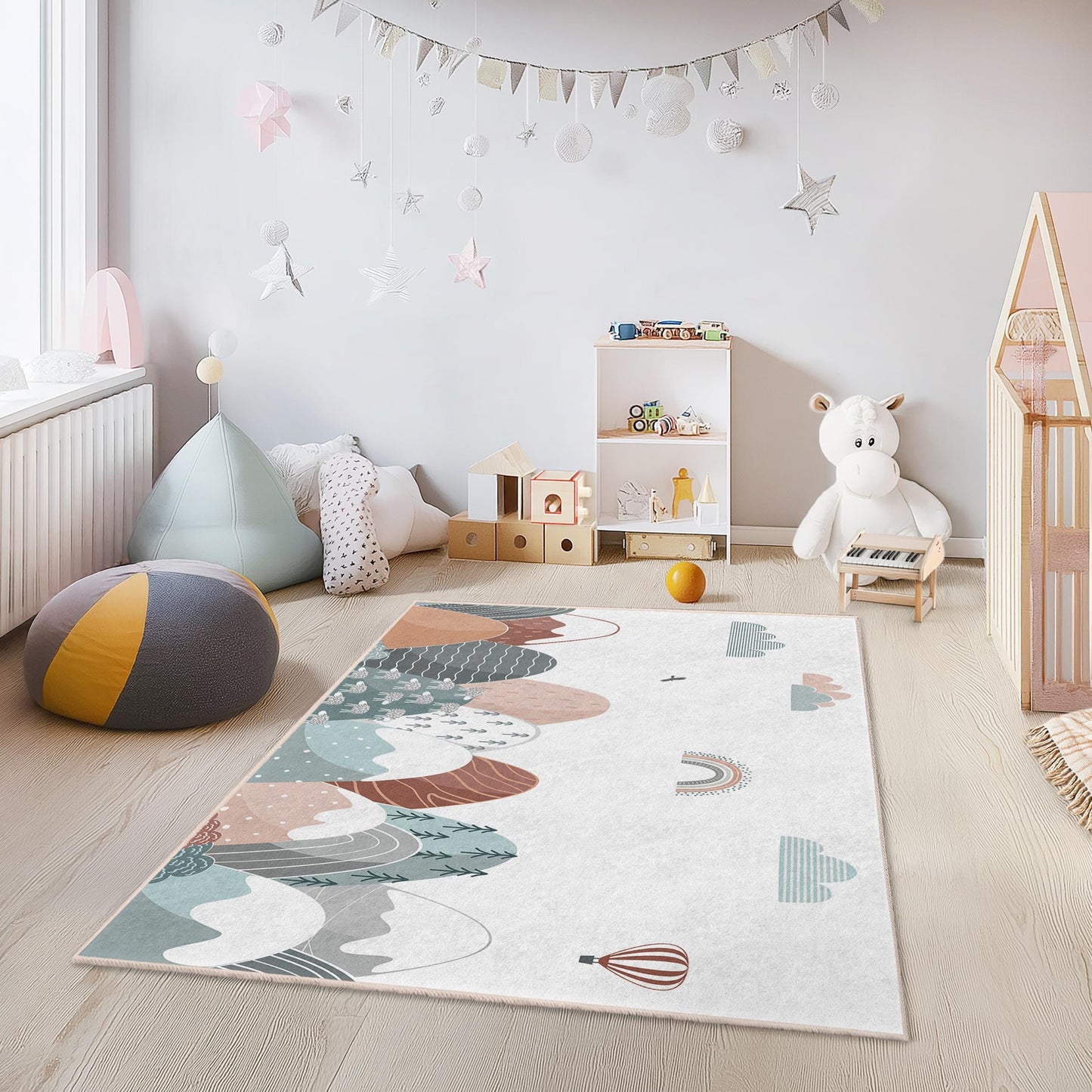 Mountain Landscape Kids Room Rug, Rectangular Playroom Carpet, Soft Nursery Decor, Stylish Kids Rug, Nature Inspired Design