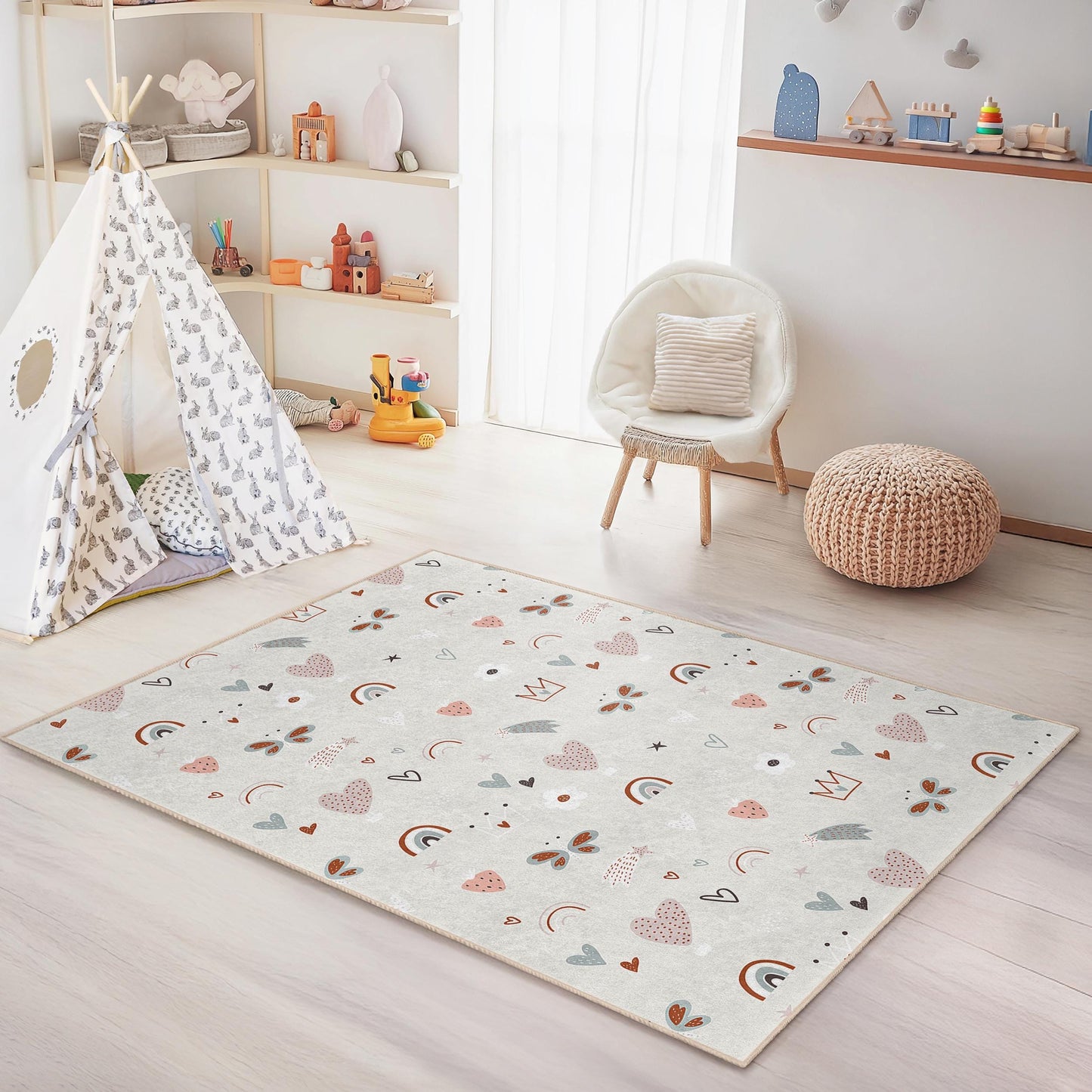 Whimsical Hearts and Butterflies Rectangular Kids Rug, Colorful Playroom Carpet, Nursery Area Rug, Childrens Room Decor