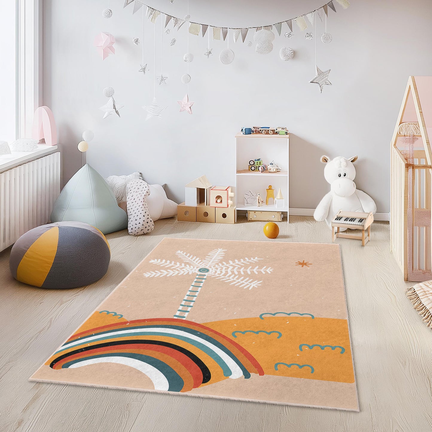 Rainbow Palm Tree Kids Rug, Colorful Tropical Nursery Carpet, Rectangular Playroom Mat, Childrens Room Decor, Vibrant Kids Rug
