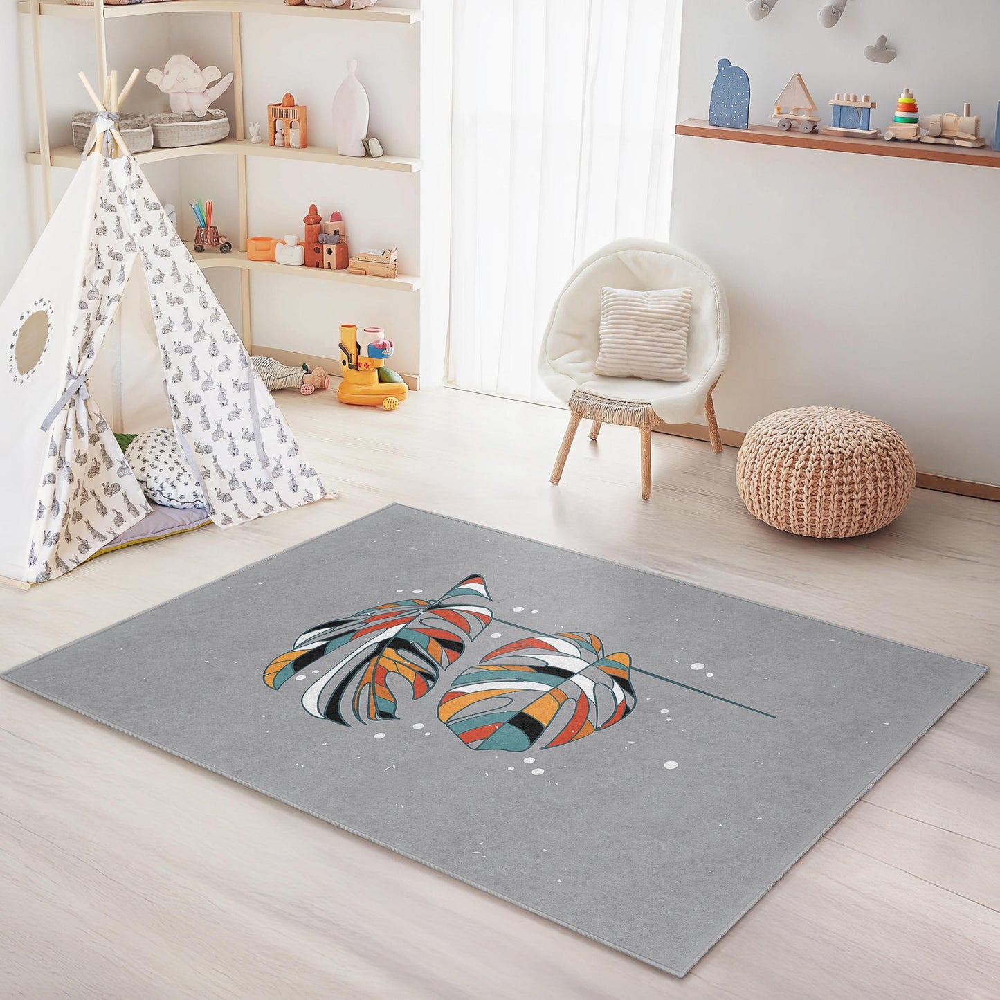 Colorful Monstera Leaf Rectangular Kids Rug, Tropical Plant Area Rug, Nursery Decor, Kids Room Soft Carpet, Playful Design