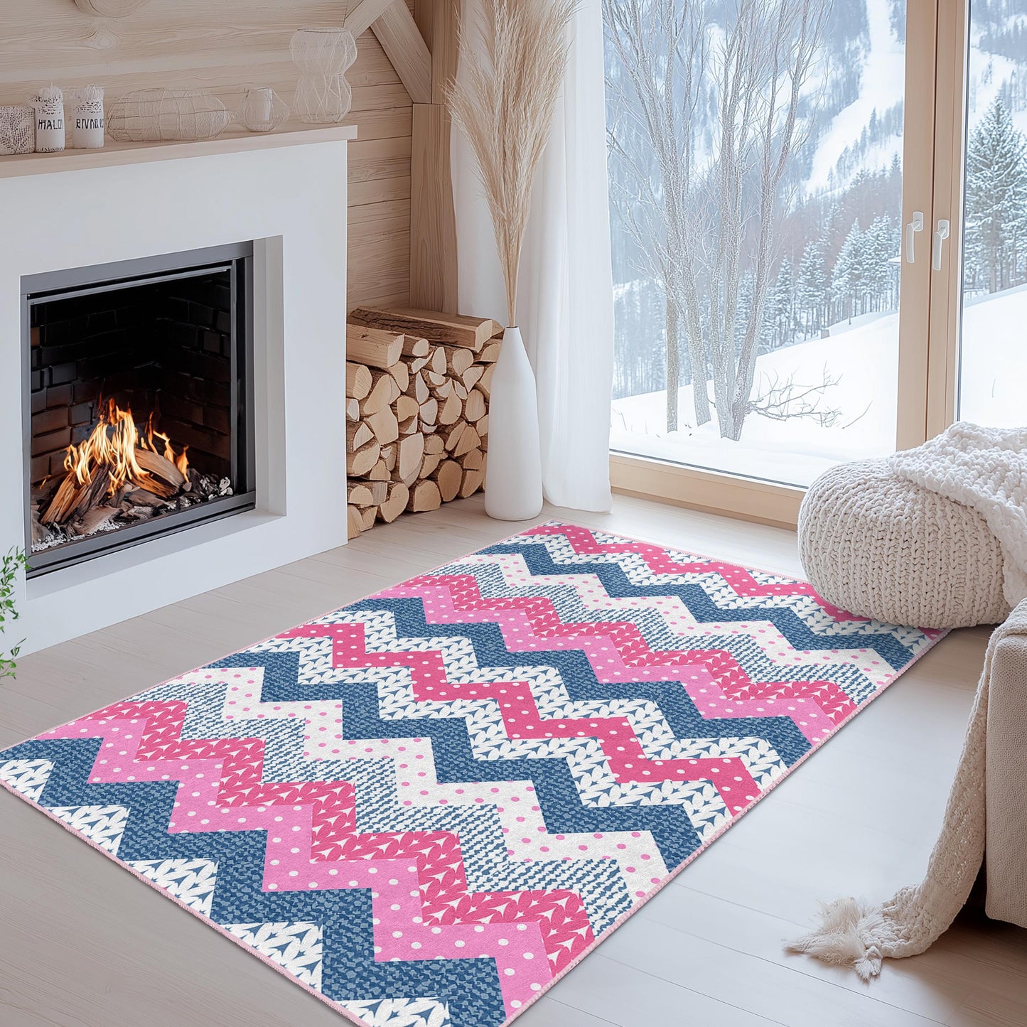 Chevron Pattern Rectangular Area Rug, Pink and Blue Zigzag Design, Stylish Carpet for Living Room or Bedroom, Modern Home Decor