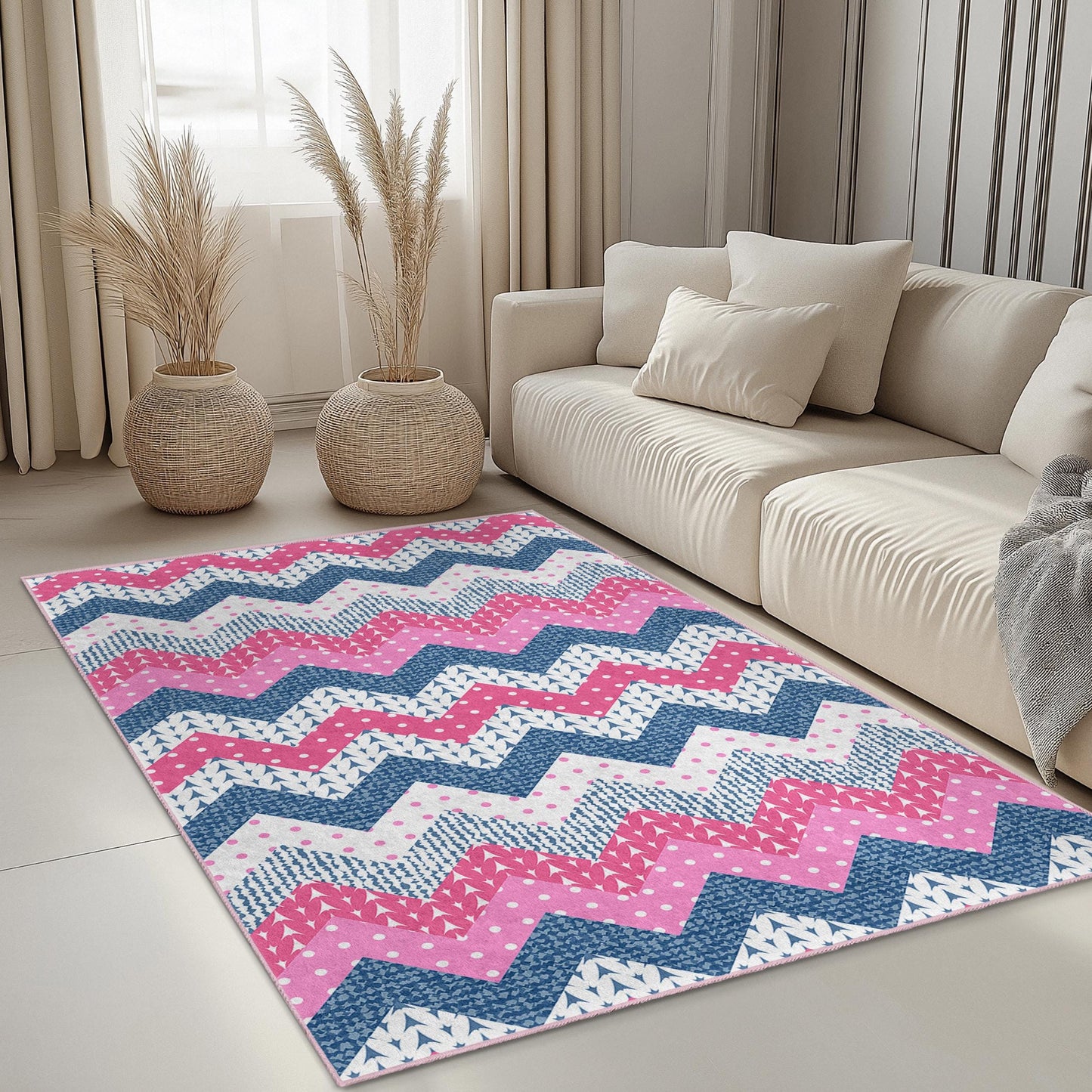 Chevron Pattern Rectangular Area Rug, Pink and Blue Zigzag Design, Stylish Carpet for Living Room or Bedroom, Modern Home Decor