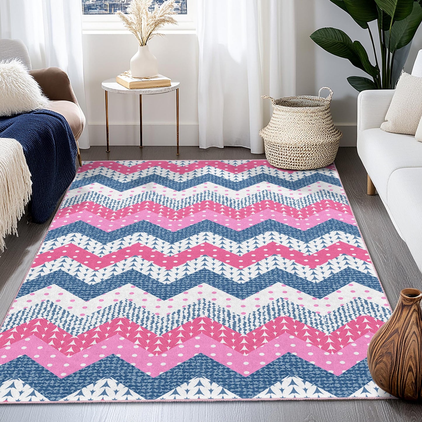 Chevron Pattern Rectangular Area Rug, Pink and Blue Zigzag Design, Stylish Carpet for Living Room or Bedroom, Modern Home Decor