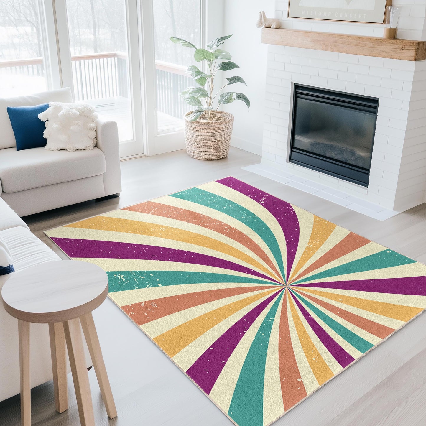Colorful Swirl Pattern Rectangular Rug, Vibrant Retro Design Area Rug, Modern Living Room Carpet, Unique Home Decor