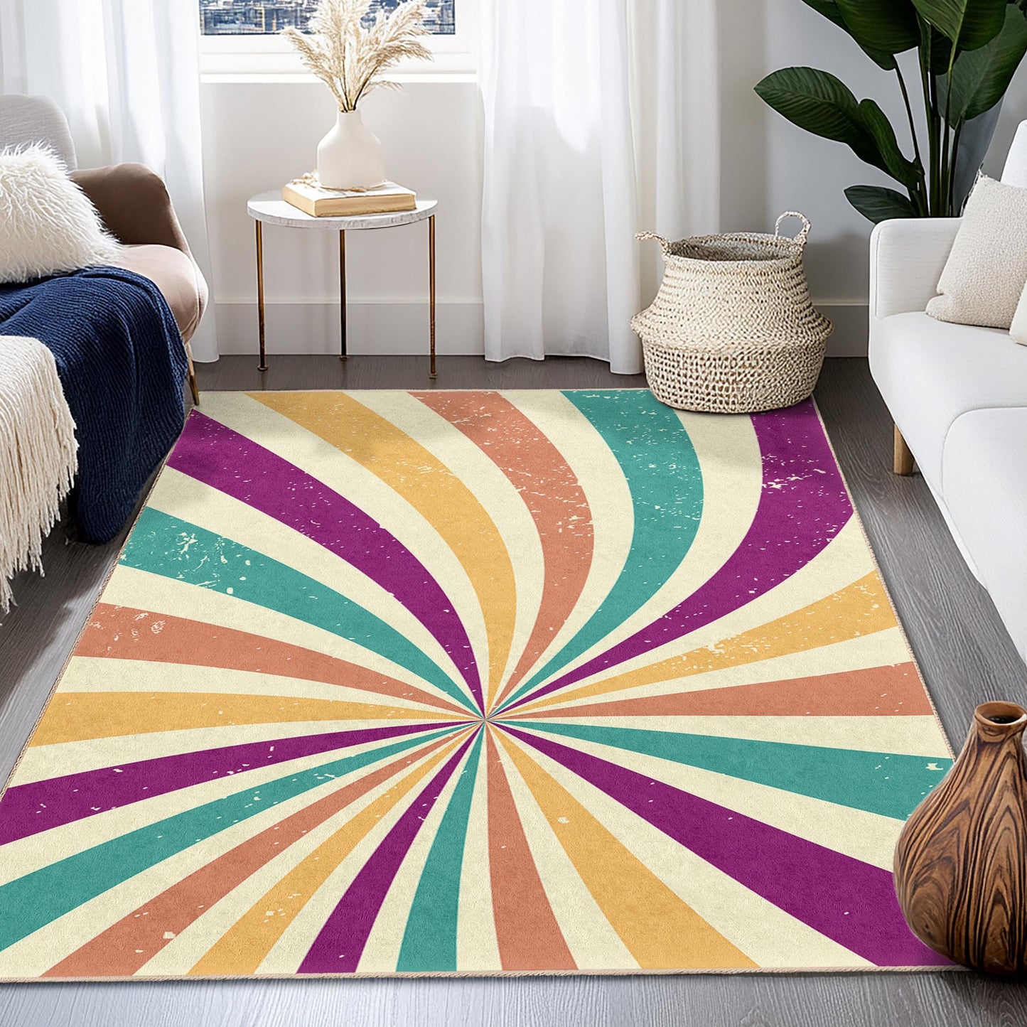 Colorful Swirl Pattern Rectangular Rug, Vibrant Retro Design Area Rug, Modern Living Room Carpet, Unique Home Decor