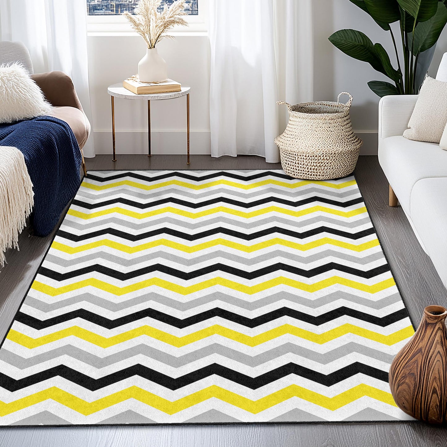 Chevron Pattern Rectangular Rug, Stylish Grey Yellow Black Rug, Modern Area Rug for Home Decor, Living Room Carpet, Contemporary Design