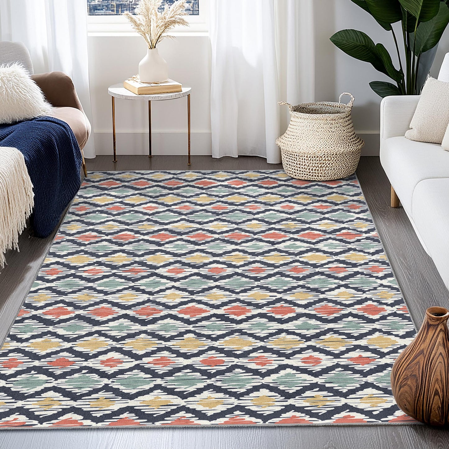 Geometric Pattern Rectangle Rug, Colorful Diamond Design Rug, Boho Style Area Rug, Modern Living Room Carpet, Home Decor Rug