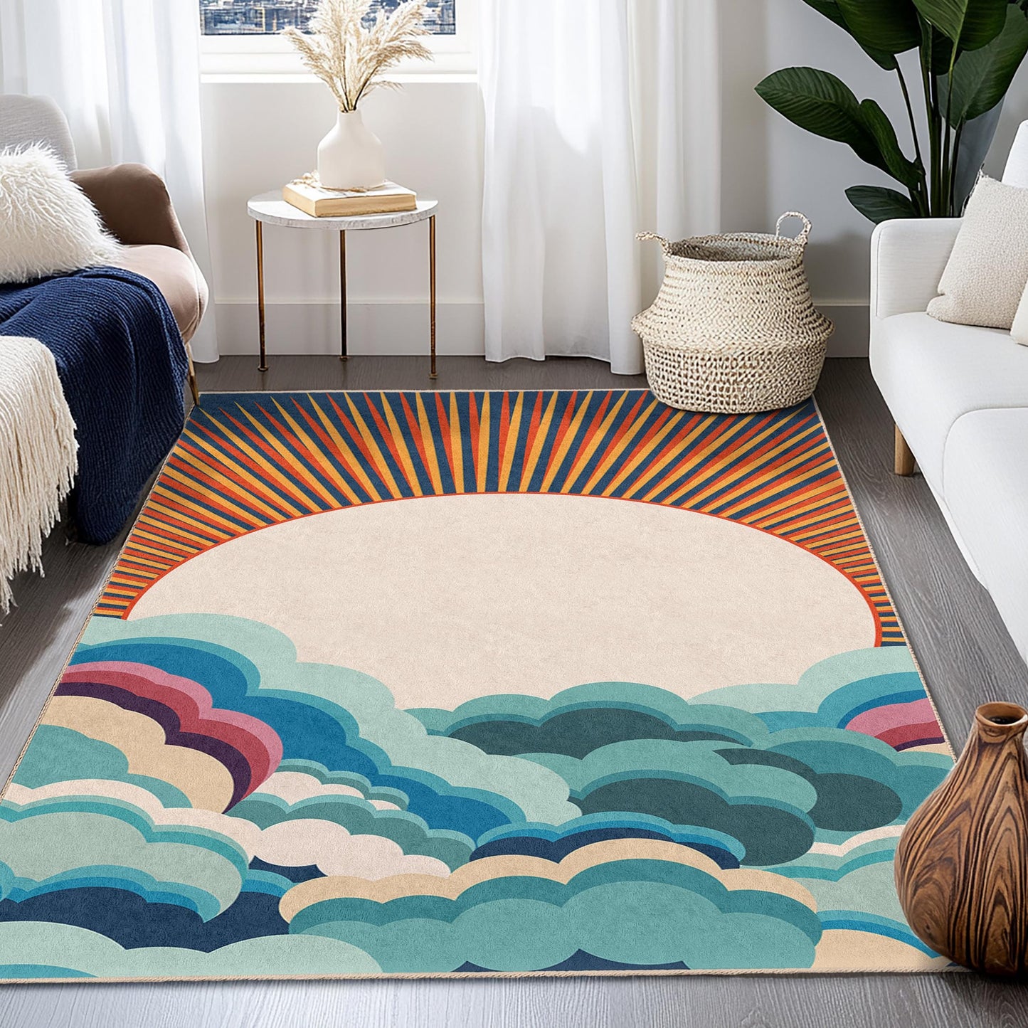 Sunrise Clouds Rectangular Rug, Colorful Cloud Design Area Rug, Home Decor Rug, Living Room Carpet, Boho Style Rug