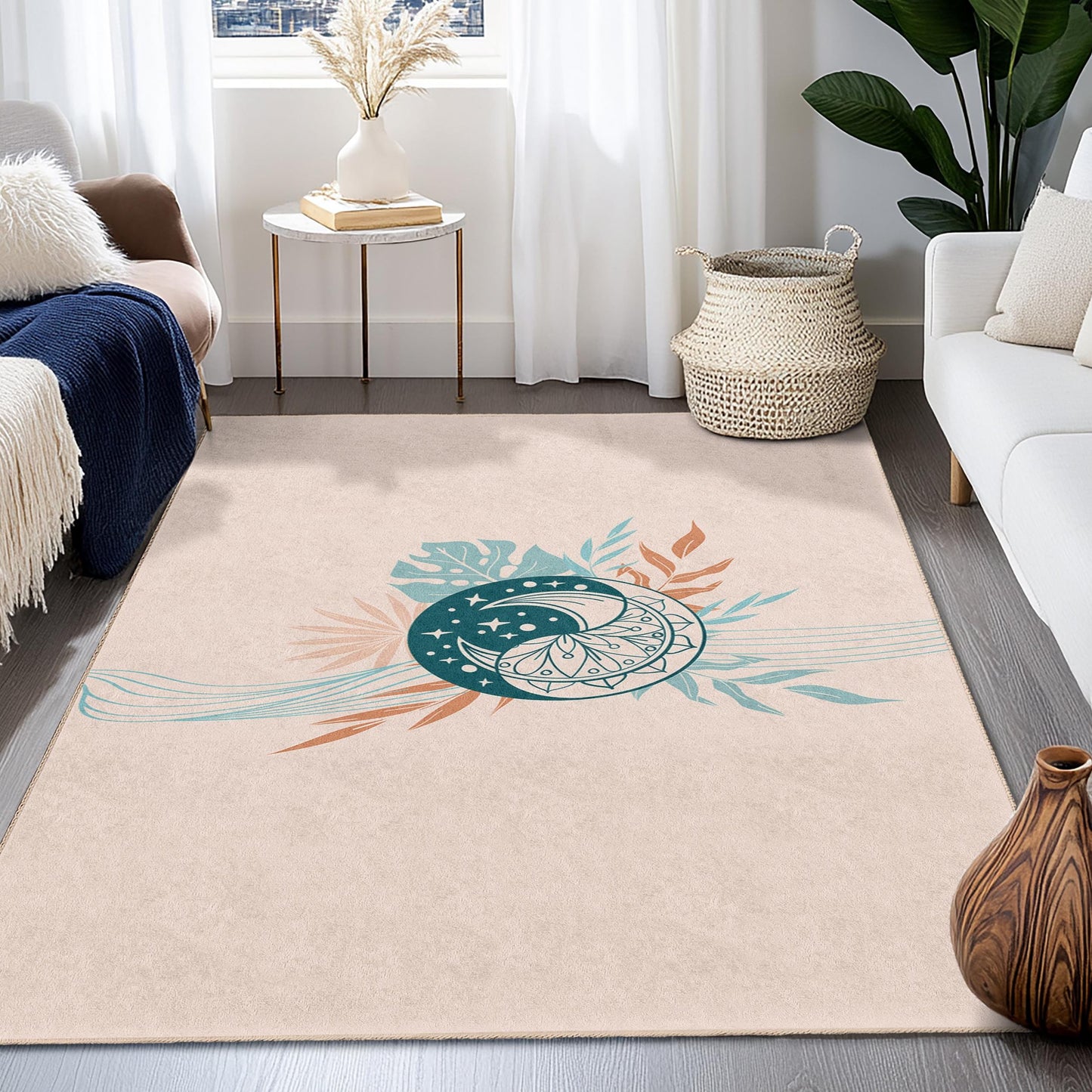 Boho Chic Rectangular Area Rug, Floral Design Carpet, Modern Home Decor, Living Room Rug, Bedroom Mat, Stylish Home Accessory
