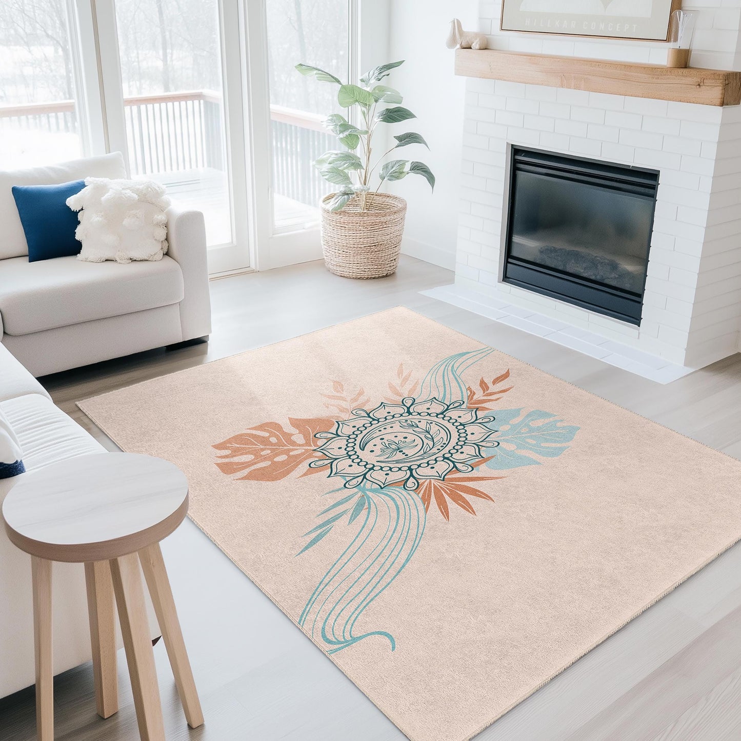 Elegant Floral Mandala Rectangular Rug, Boho Chic Area Rug, Decorative Floor Mat for Living Room, Bedroom, or Office