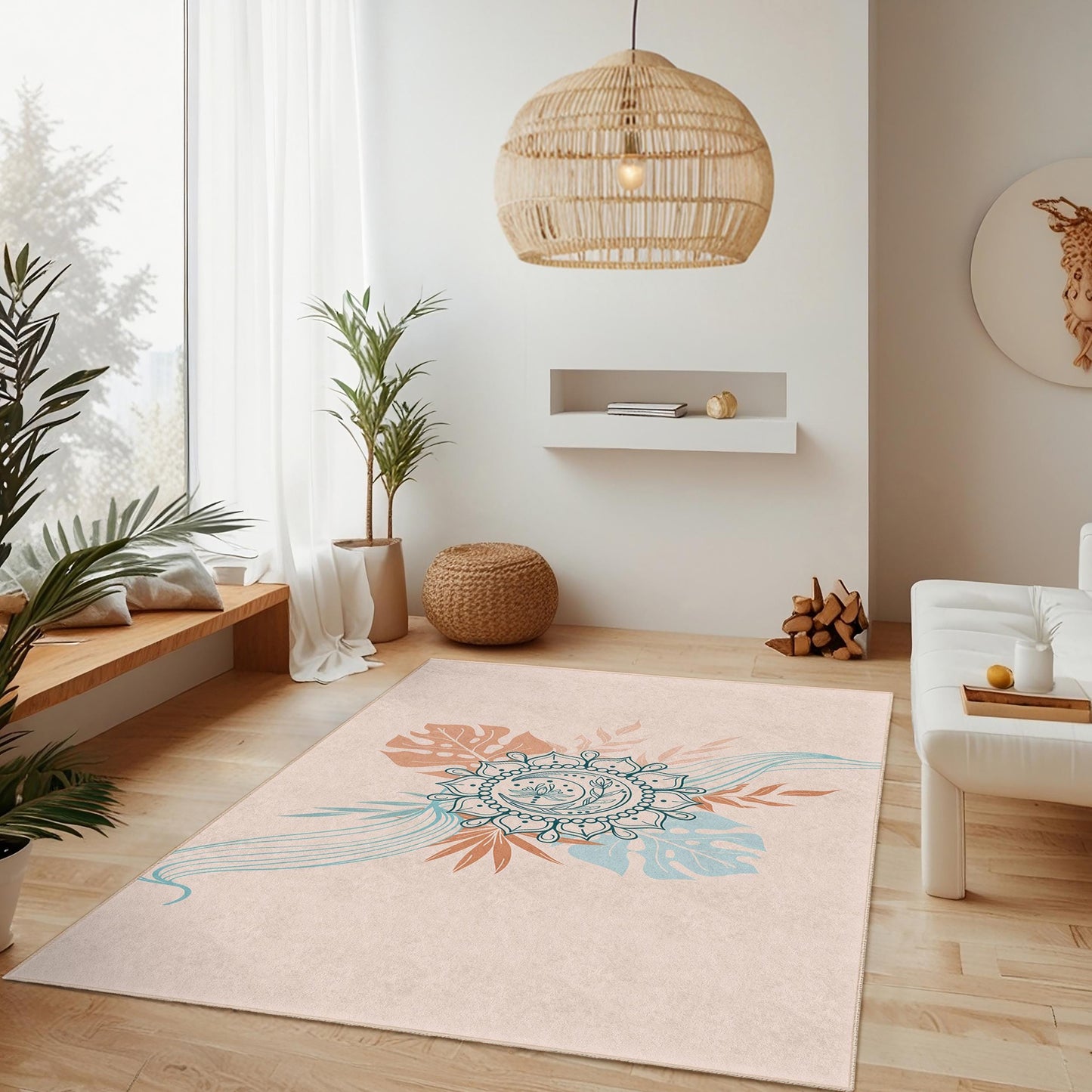 Elegant Floral Mandala Rectangular Rug, Boho Chic Area Rug, Decorative Floor Mat for Living Room, Bedroom, or Office