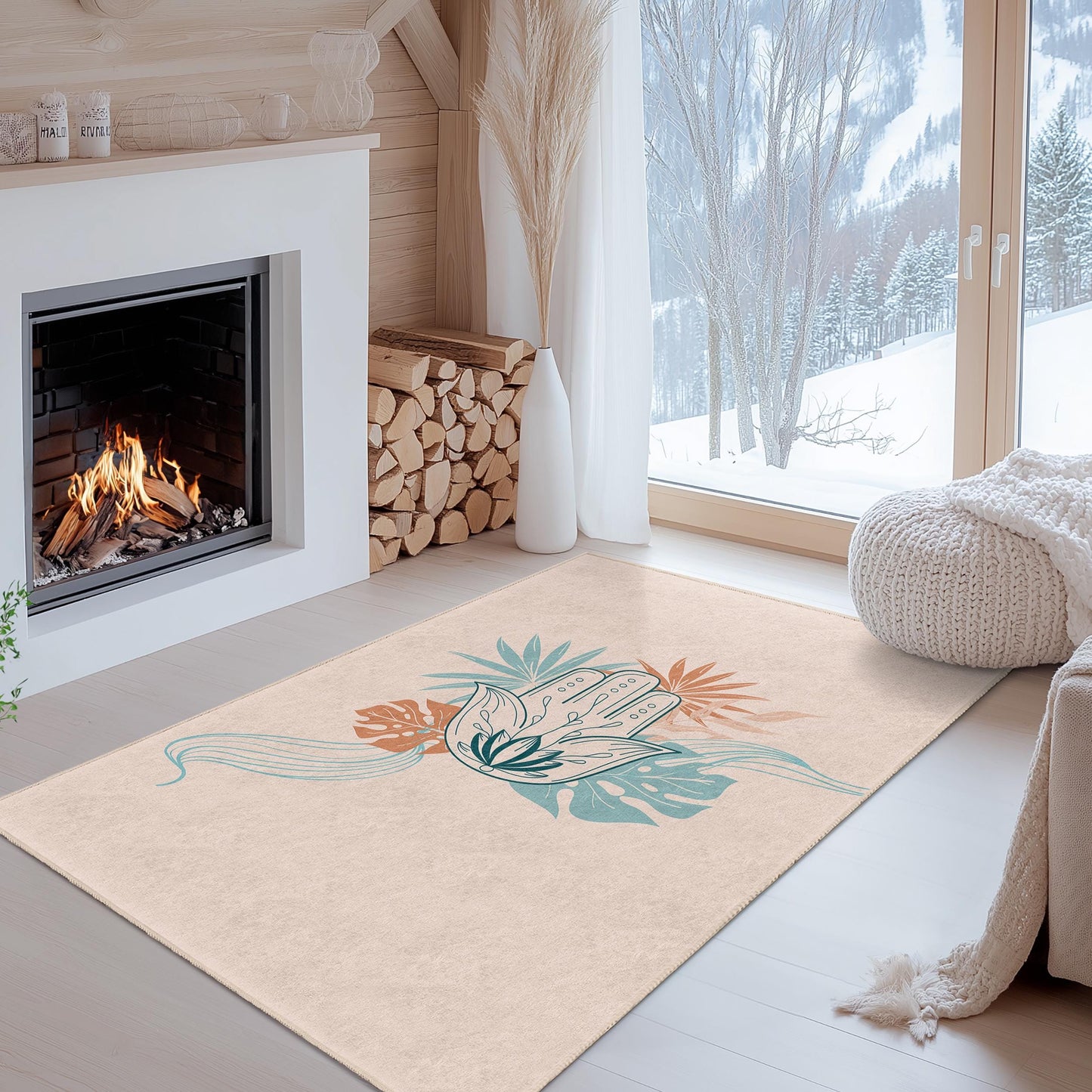 Bohemian Hand and Leaf Pattern Rectangular Rug, Decorative Living Room Rug, Unique Area Rug, Floral Design Carpet, Home Decor