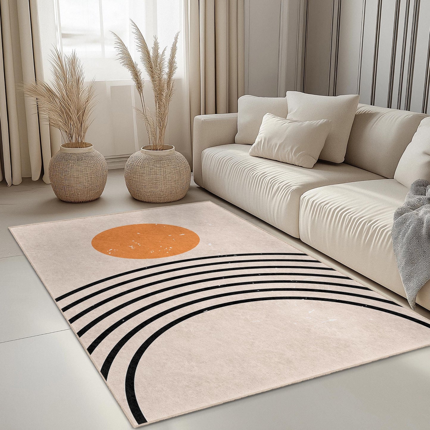 Minimalist Sunset Rainbow Area Rug, Modern Geometric Rectangular Carpet, Stylish Living Room Rug, Soft Decorative Floor Mat
