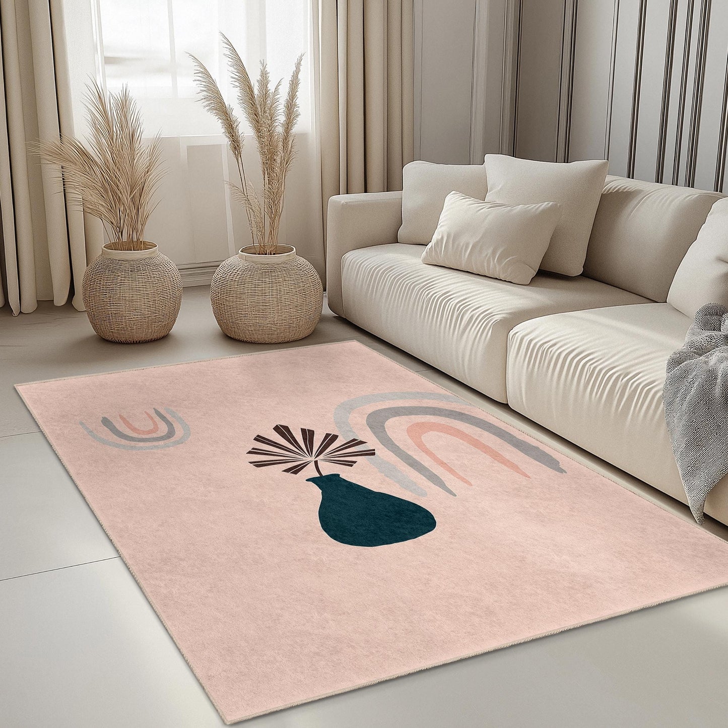 Stylish Abstract Vase Pattern Rectangular Rug, Modern Home Decor, Boho Chic Area Rug, Living Room Carpet, Versatile Floor Mat