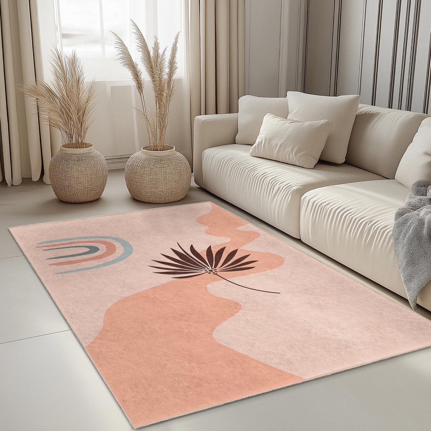 Abstract Leaf Pattern Rectangular Rug, Modern Area Rug for Living Room, Boho Chic Home Decor, Stylish Floor Mat