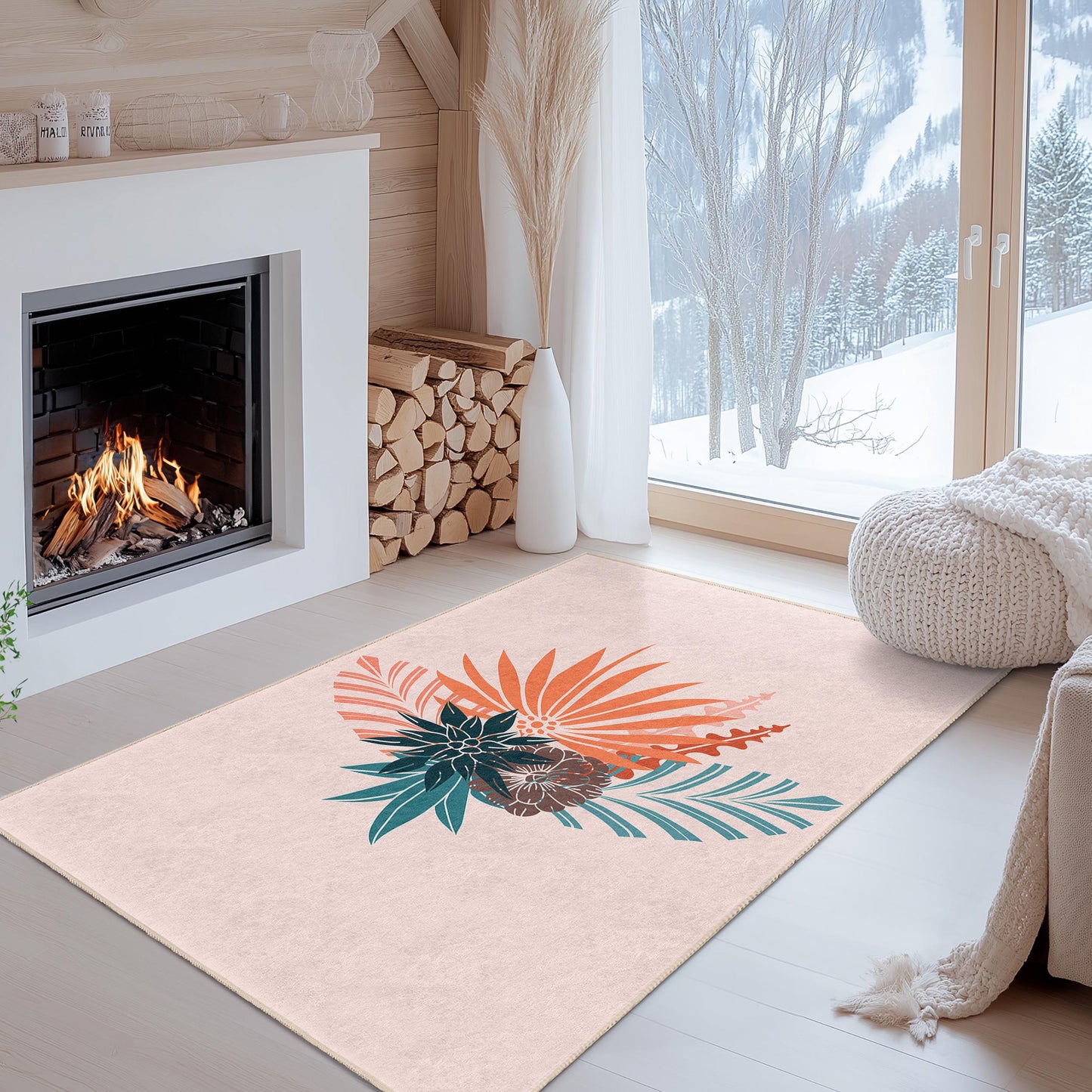 Tropical Floral Rectangular Area Rug, Modern Boho Decor, Indoor Living Room Carpet, Botanical Design Rug, Home Decoration