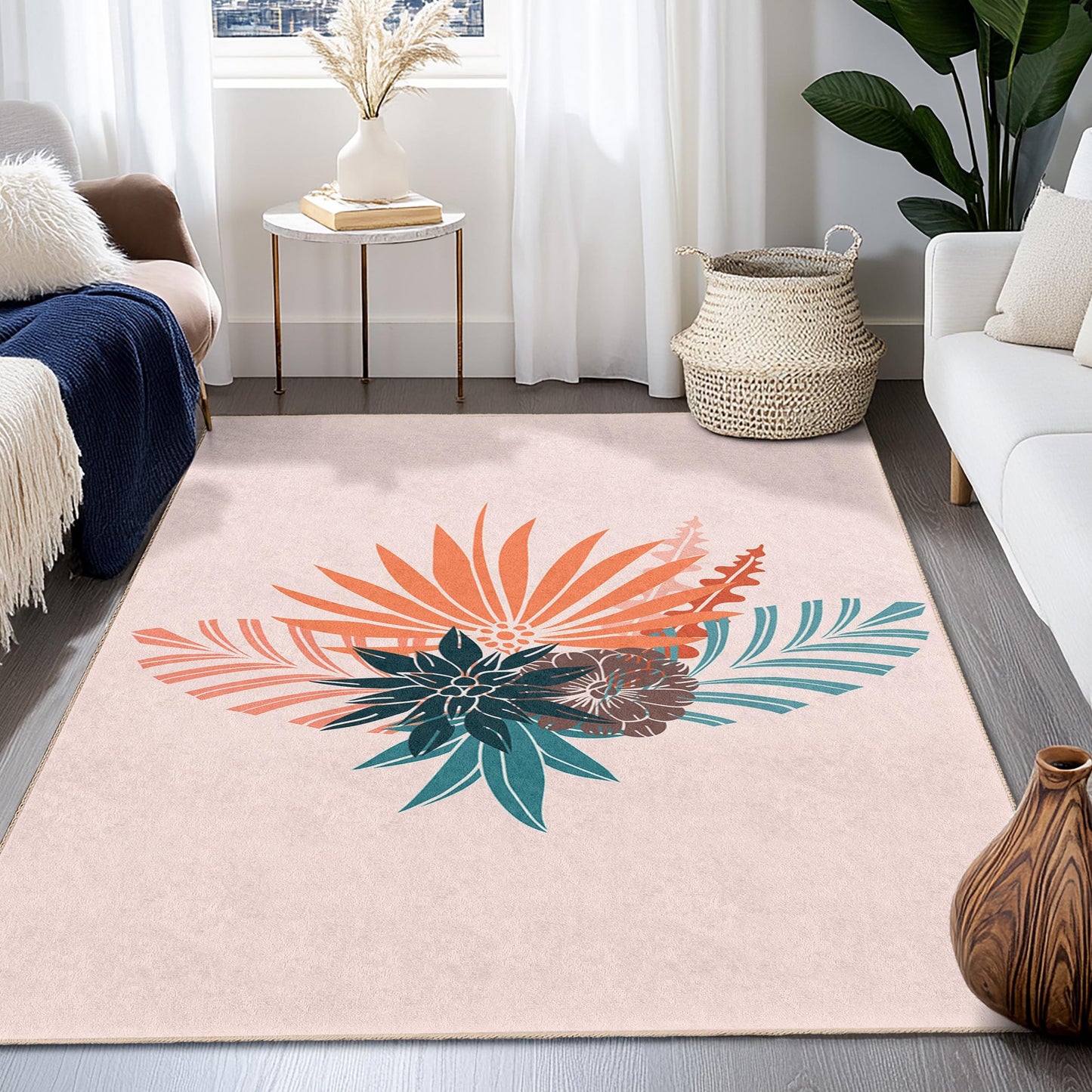 Tropical Floral Rectangular Area Rug, Modern Boho Decor, Indoor Living Room Carpet, Botanical Design Rug, Home Decoration