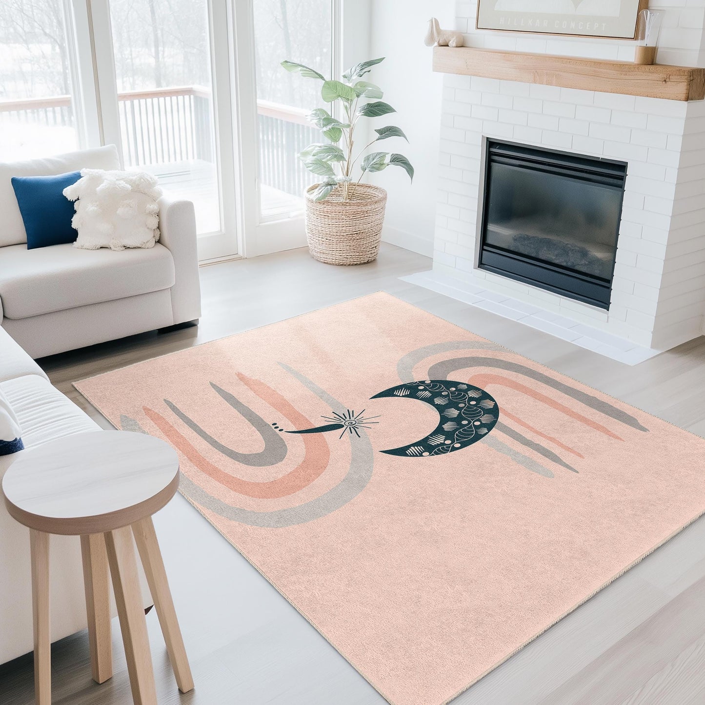 Abstract Moon and Rainbow Rectangular Area Rug, Modern Floor Mat, Decorative Home Rug, Boho Chic Rug for Living Room