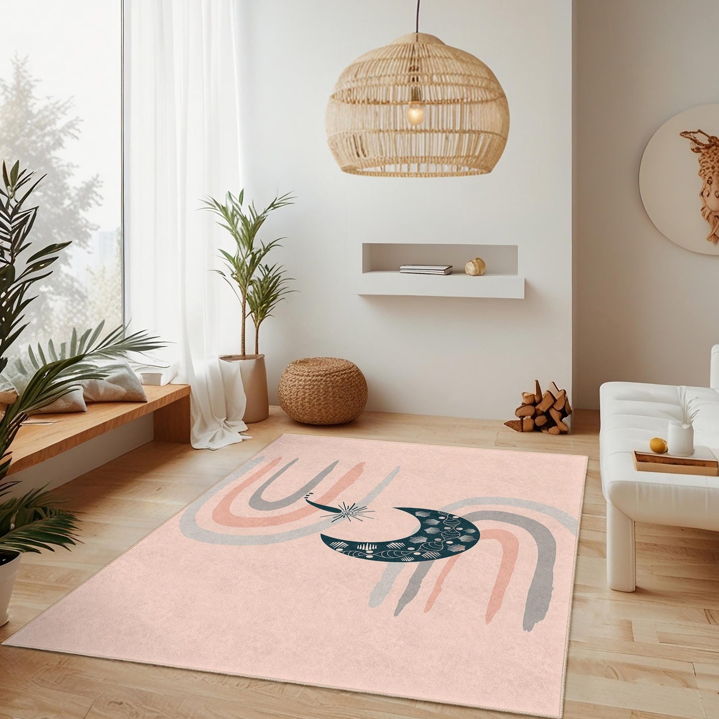 Abstract Moon and Rainbow Rectangular Area Rug, Modern Floor Mat, Decorative Home Rug, Boho Chic Rug for Living Room
