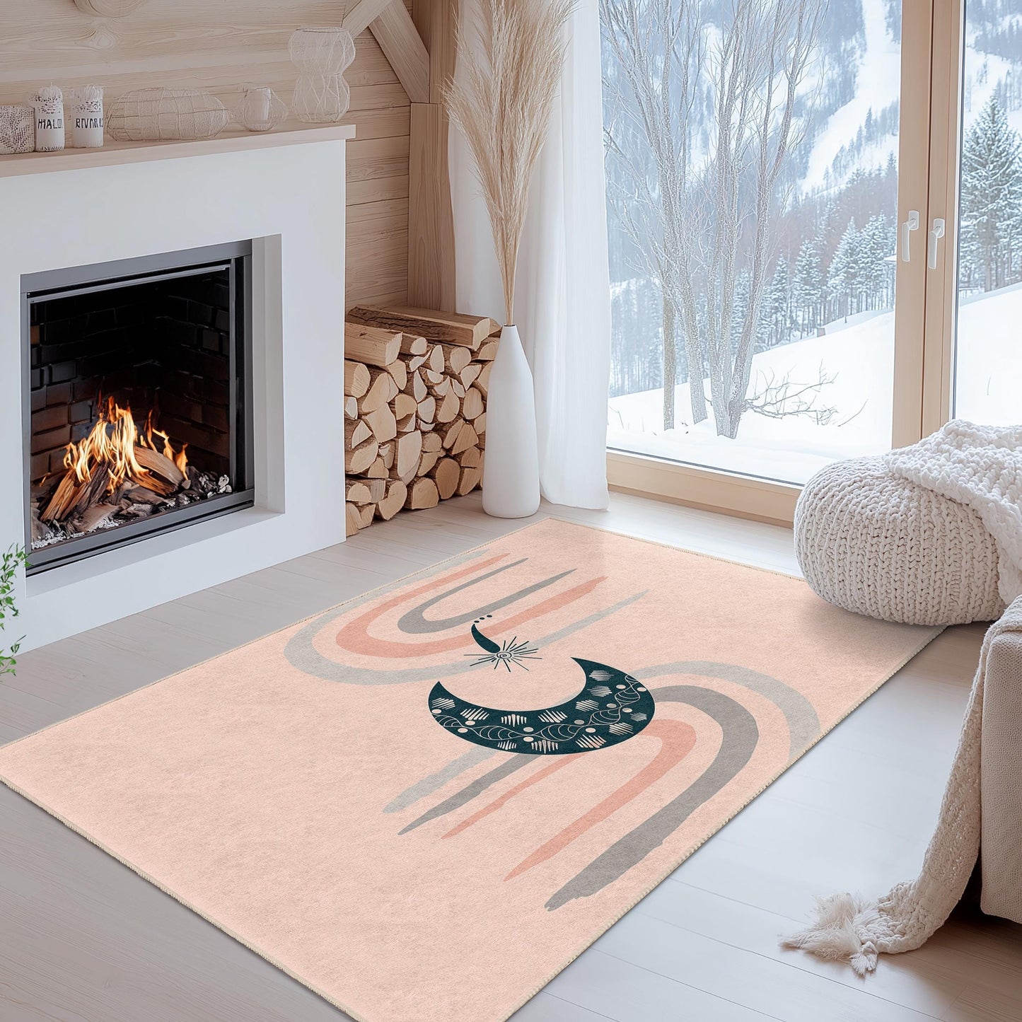 Abstract Moon and Rainbow Rectangular Area Rug, Modern Floor Mat, Decorative Home Rug, Boho Chic Rug for Living Room