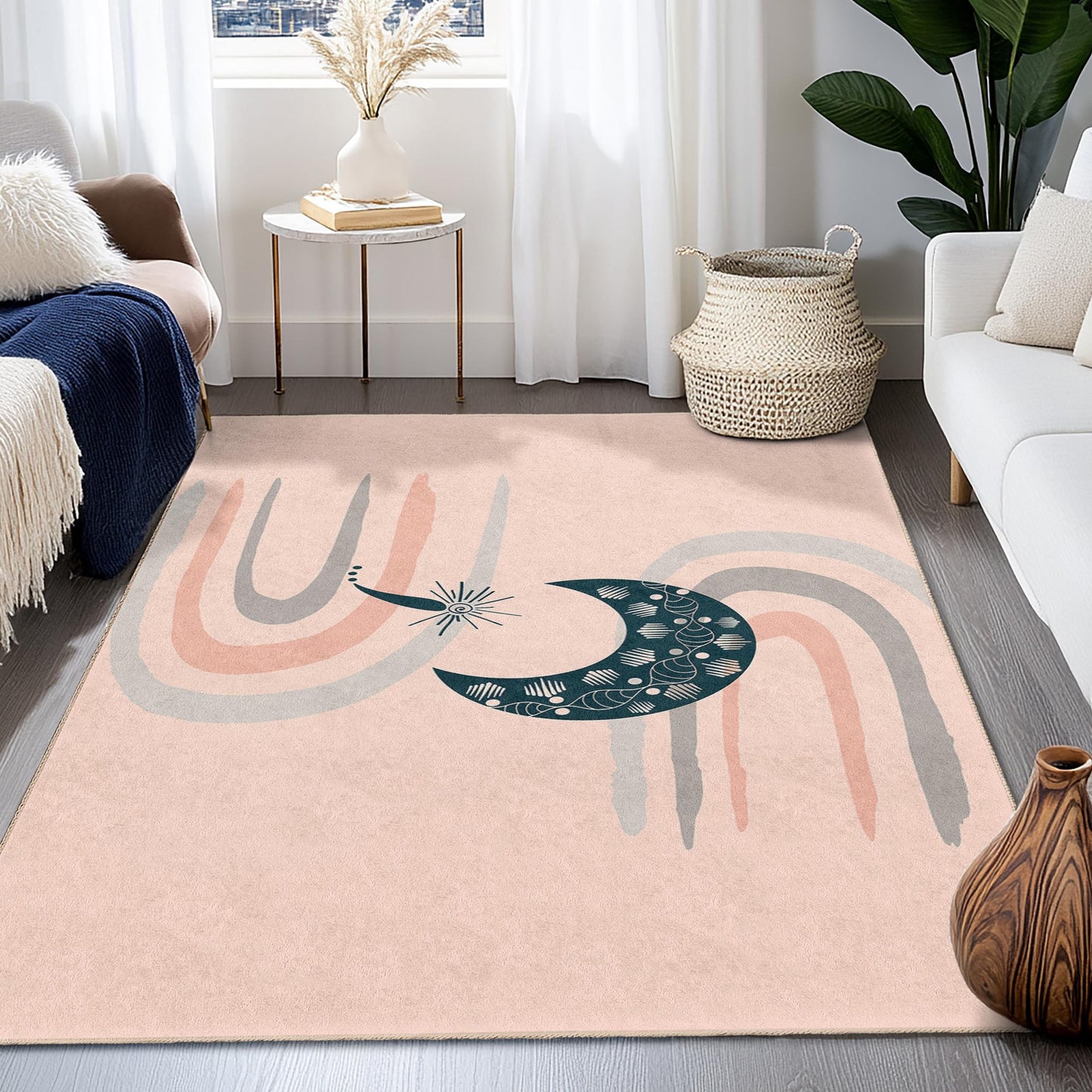Abstract Moon and Rainbow Rectangular Area Rug, Modern Floor Mat, Decorative Home Rug, Boho Chic Rug for Living Room
