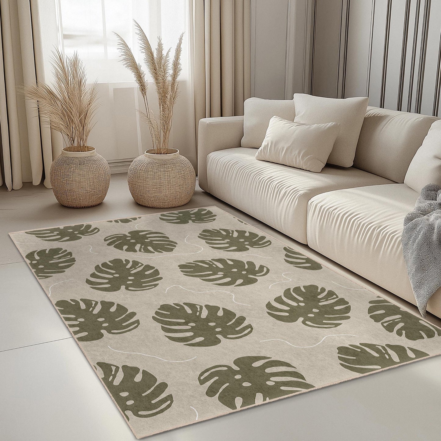 Leaf Pattern Modern Rectangle Rug, Botanical Decor, Indoor Area Rug, Living Room Carpet, Nature Inspired Design, Green Leaf Rug