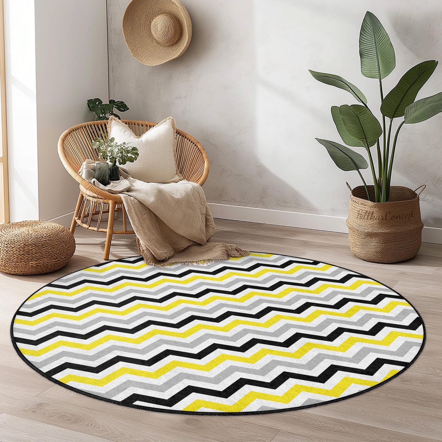 Modern Chevron Pattern Round Area Rug, Yellow and Gray Zigzag Rug, Soft Round Carpet for Living Room, Bedroom, Home Decor