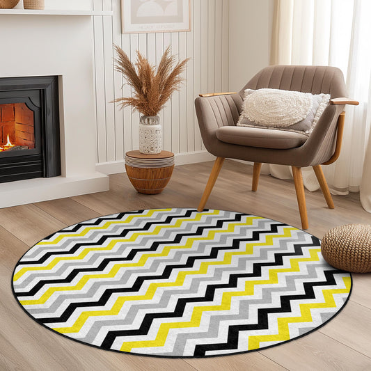Modern Chevron Pattern Round Area Rug, Yellow and Gray Zigzag Rug, Soft Round Carpet for Living Room, Bedroom, Home Decor