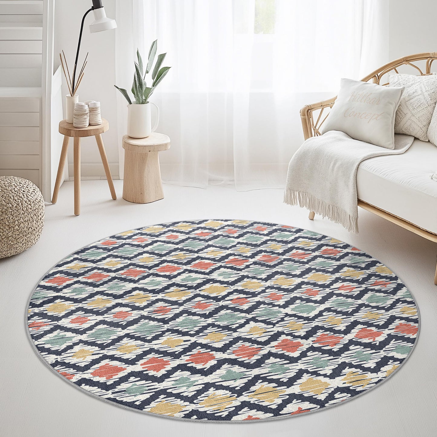 Colorful Geometric Round Area Rug, Modern Round Carpet, Boho Decor, Living Room Rug, Bedroom Accent Rug, Stylish Round Rug