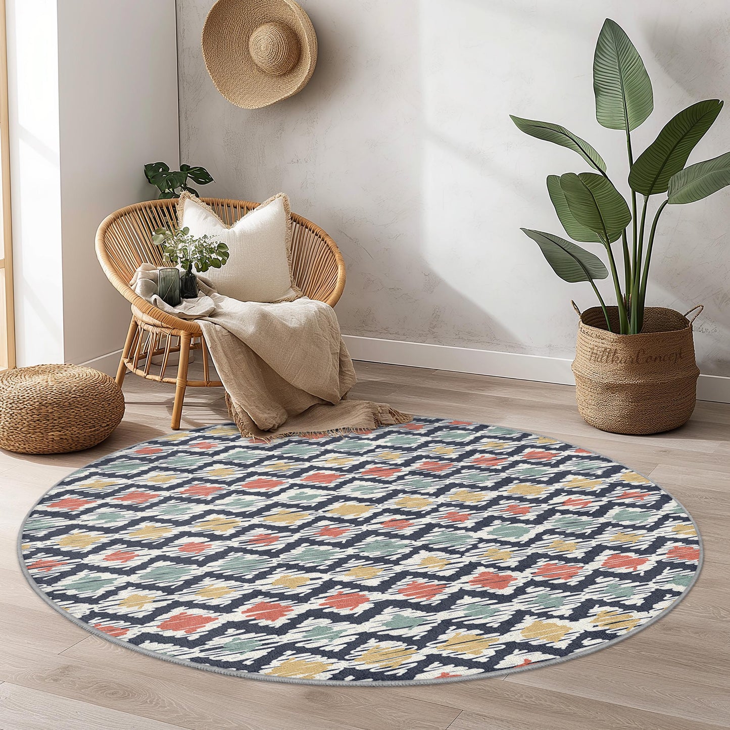 Colorful Geometric Round Area Rug, Modern Round Carpet, Boho Decor, Living Room Rug, Bedroom Accent Rug, Stylish Round Rug