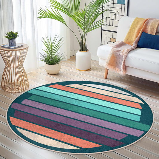 Colorful Striped Round Area Rug, Modern Boho Decor, Soft Circle Rug for Living Room, Bedroom, or Office, Non-Slip Design
