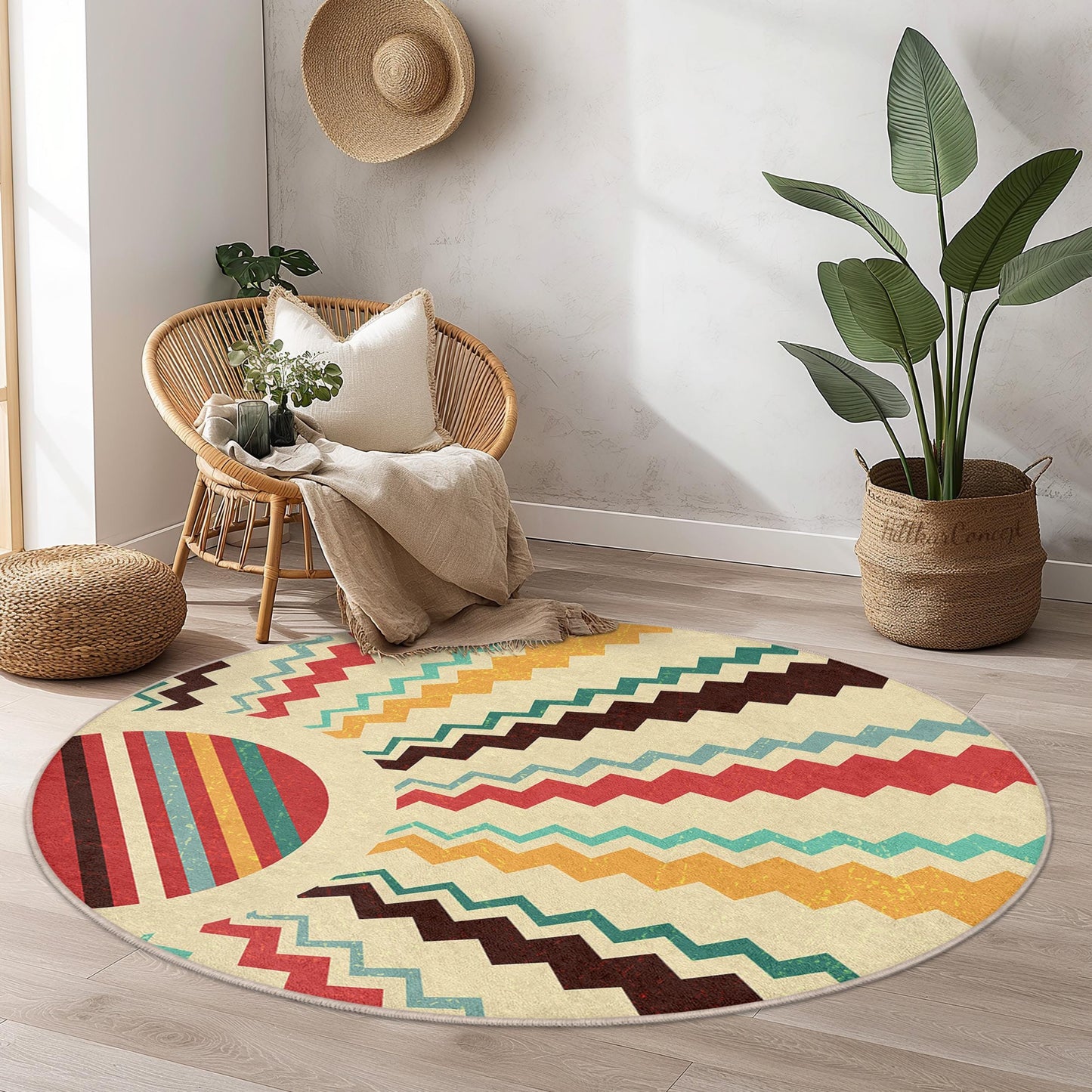 Colorful Geometric Round Rug, Stylish Circle Area Rug, Modern Home Decor, Boho Chic Rug, Living Room Accent Rug