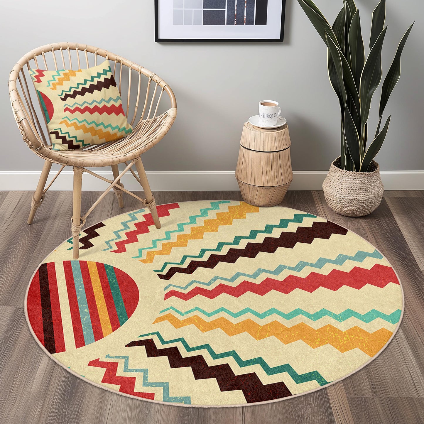Colorful Geometric Round Rug, Stylish Circle Area Rug, Modern Home Decor, Boho Chic Rug, Living Room Accent Rug
