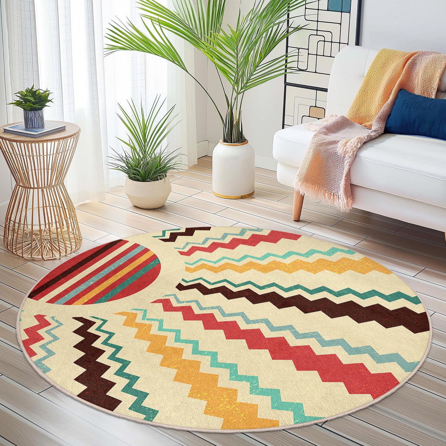 Colorful Geometric Round Rug, Stylish Circle Area Rug, Modern Home Decor, Boho Chic Rug, Living Room Accent Rug